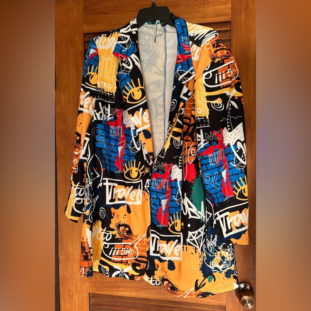 SHEIN Funky Y2K Colorful Graffiti Street Art Abstract Avant Gard Blazer Sz 24/26 - Picture 6 of 9